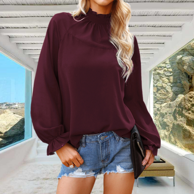 Ladies Chiffon Solid Color Loose Long Sleeve T-Shirt