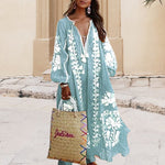 V-Neck Long Sleeve Printed Loose Dress