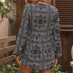 Women's Long-sleeved Printed V-neck Fringed Shirt