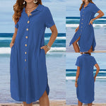 Lapel Single-breasted Cotton And Linen Short-sleeve Dress