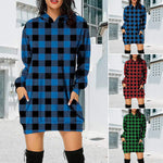Printed Plaid Midi Pocket Hooded Long Sleeve Sweatshirt