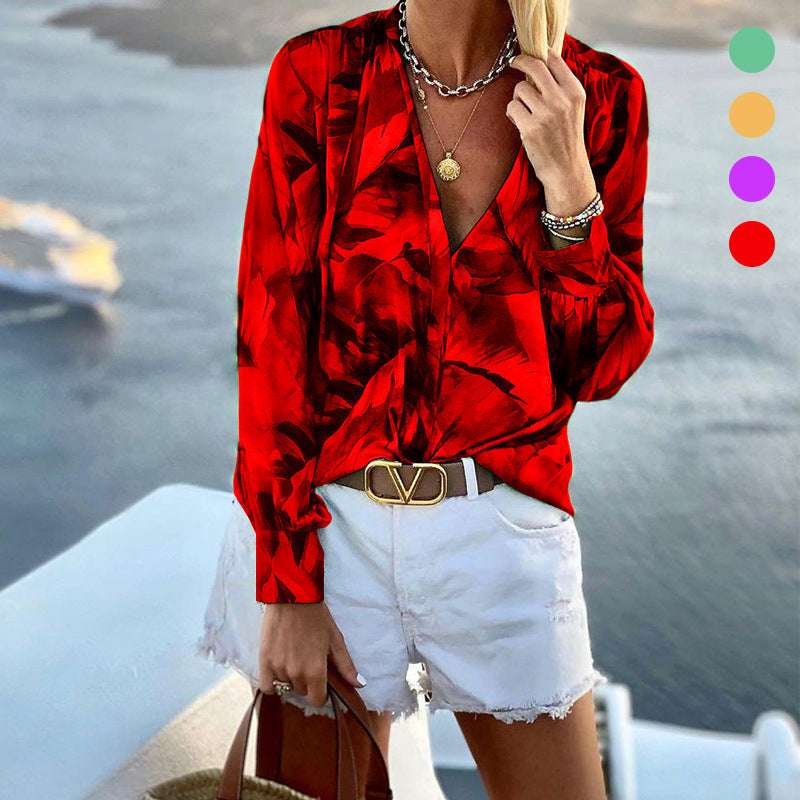 Printed V-Neck Long Sleeve T-Shirt