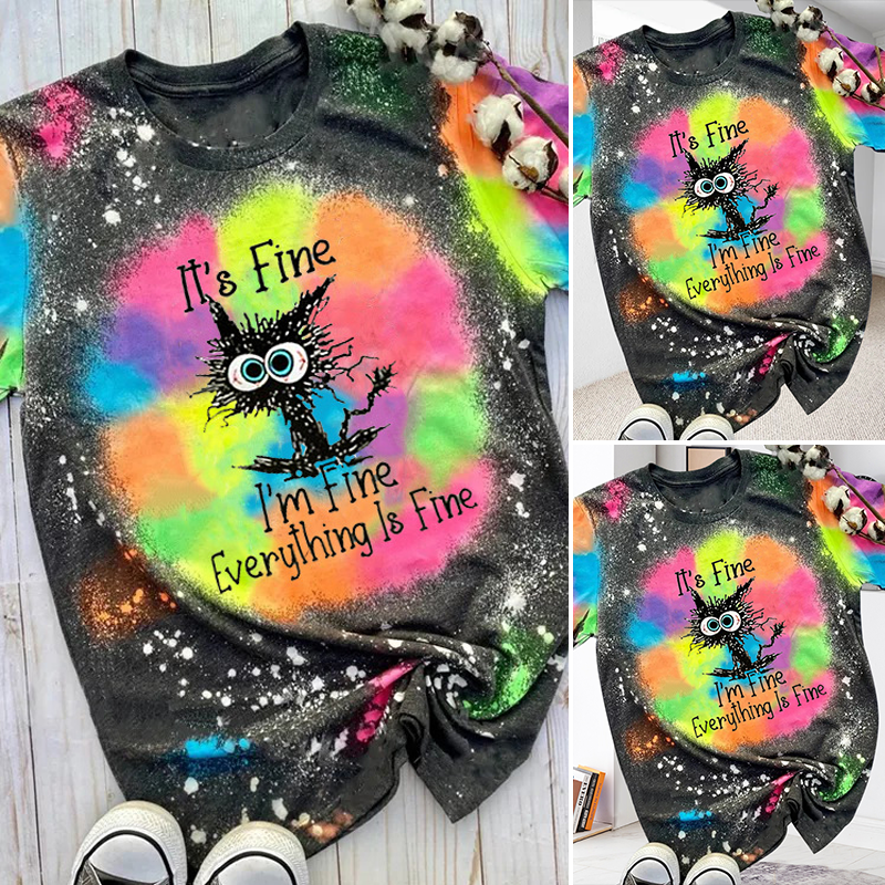 Everything Is Fine Funny Cat Graphic Casual T-Shirt