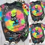 Everything Is Fine Funny Cat Graphic Casual T-Shirt