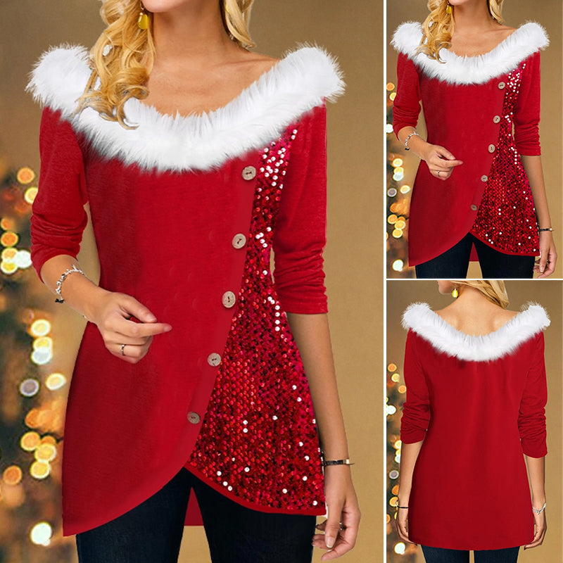 Christmas Top with Sequins and Fur Collar