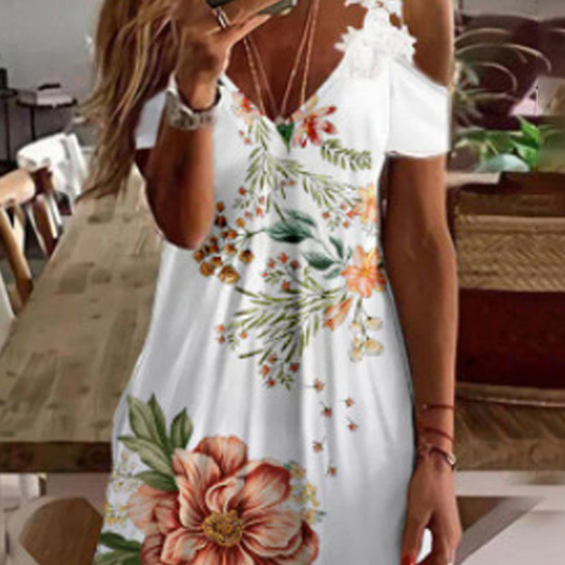 Lace Print Short Sleeve A-Line Knee Length Resort Dress