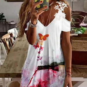 Lace Print Short Sleeve A-Line Knee Length Resort Dress