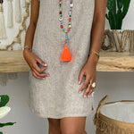 Loose V-Neck Short Sleeve Solid Cotton Linen Dress