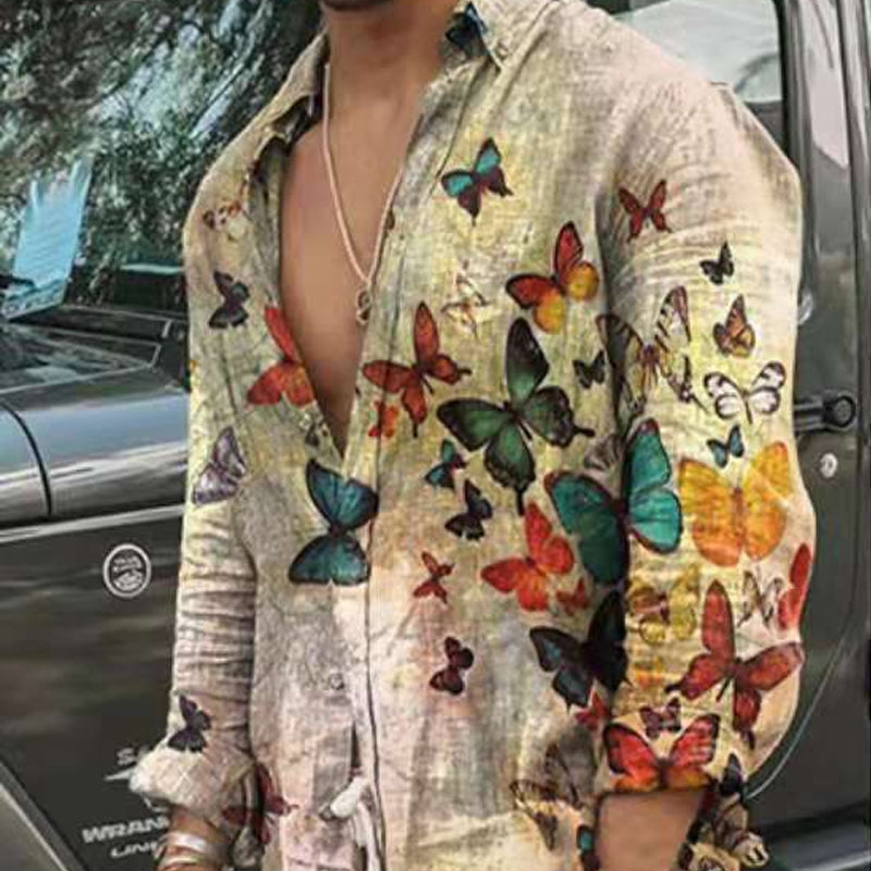 Men's Retro Butterfly Print Long-sleeved Shirt