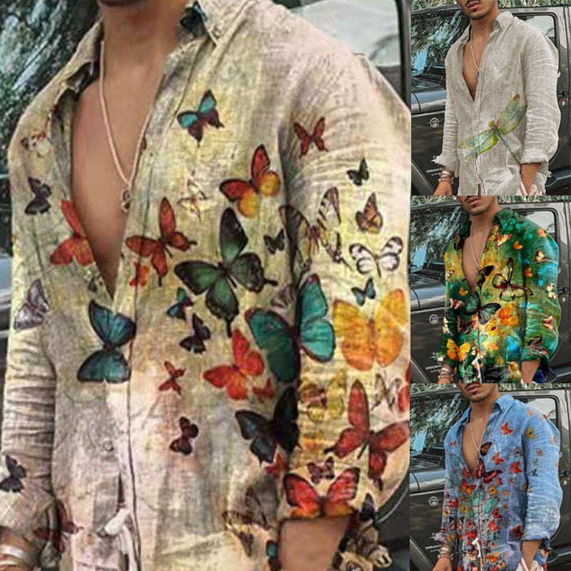 Men's Retro Butterfly Print Long-sleeved Shirt