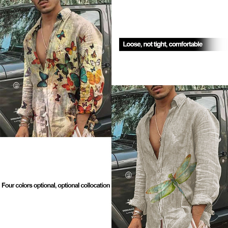 Men's Retro Butterfly Print Long-sleeved Shirt