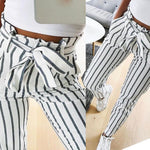 Women Striped Long Tie High Waist Ladies Pants