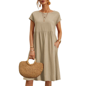 Women's Short Sleeve Cotton And Linen Dress