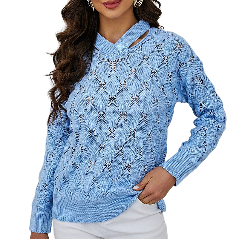 Solid Color V-Neck Off-Shoulder Cutout Sweater
