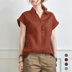 Elegant Loose V-neck Cotton Linen Short Sleeve Shirt