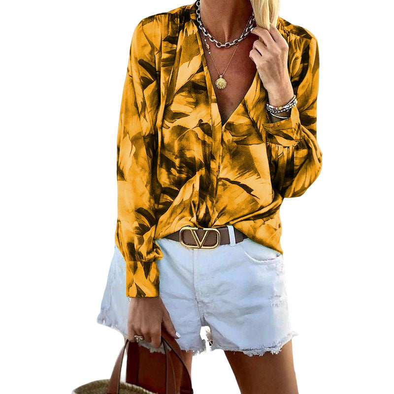 Printed V-Neck Long Sleeve T-Shirt