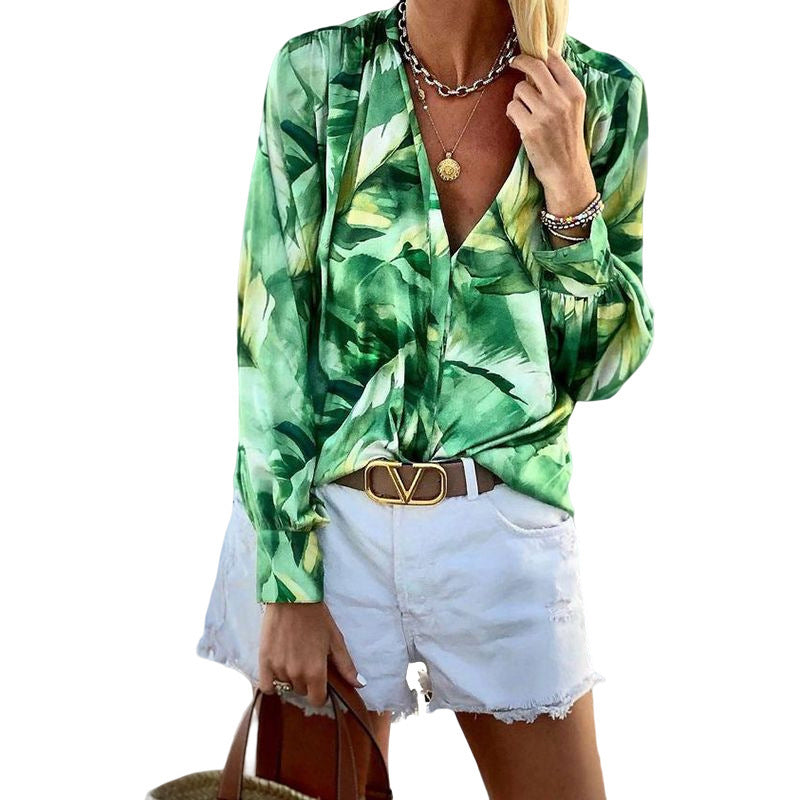 Printed V-Neck Long Sleeve T-Shirt